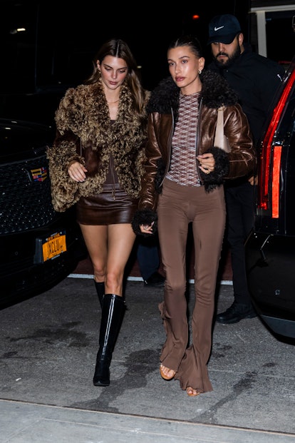 Kendall Jenner and Hailey Baldwin Bieber match in brown fur coats