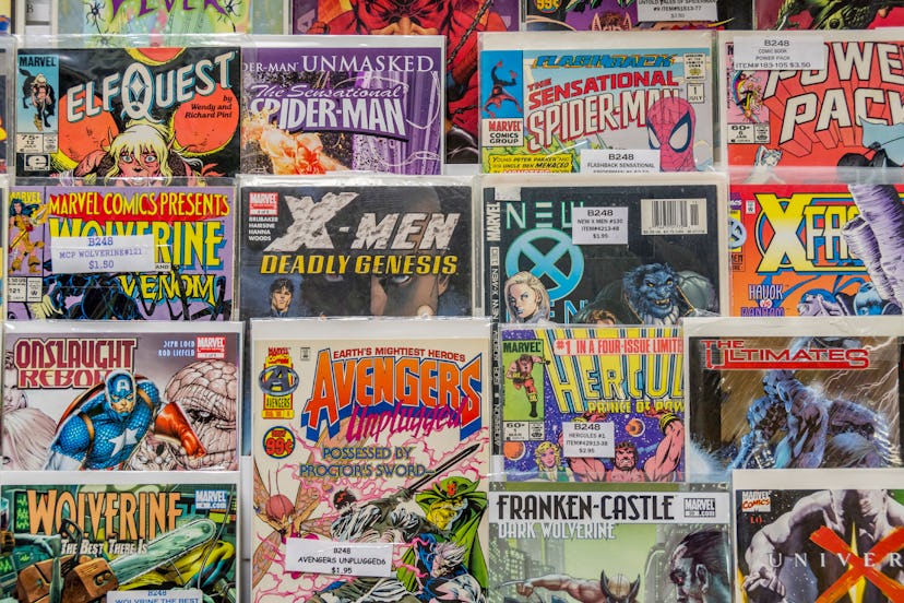 Rack of comic books for sale at a flea market. (Photo by: Education Images/Universal Images Group vi...