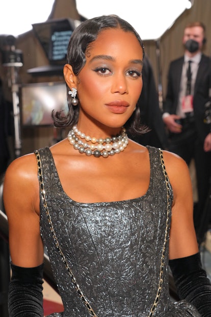 Laura Harrier arrives at The 2022 Met Gala Celebrating "In America: An Anthology of Fashion"