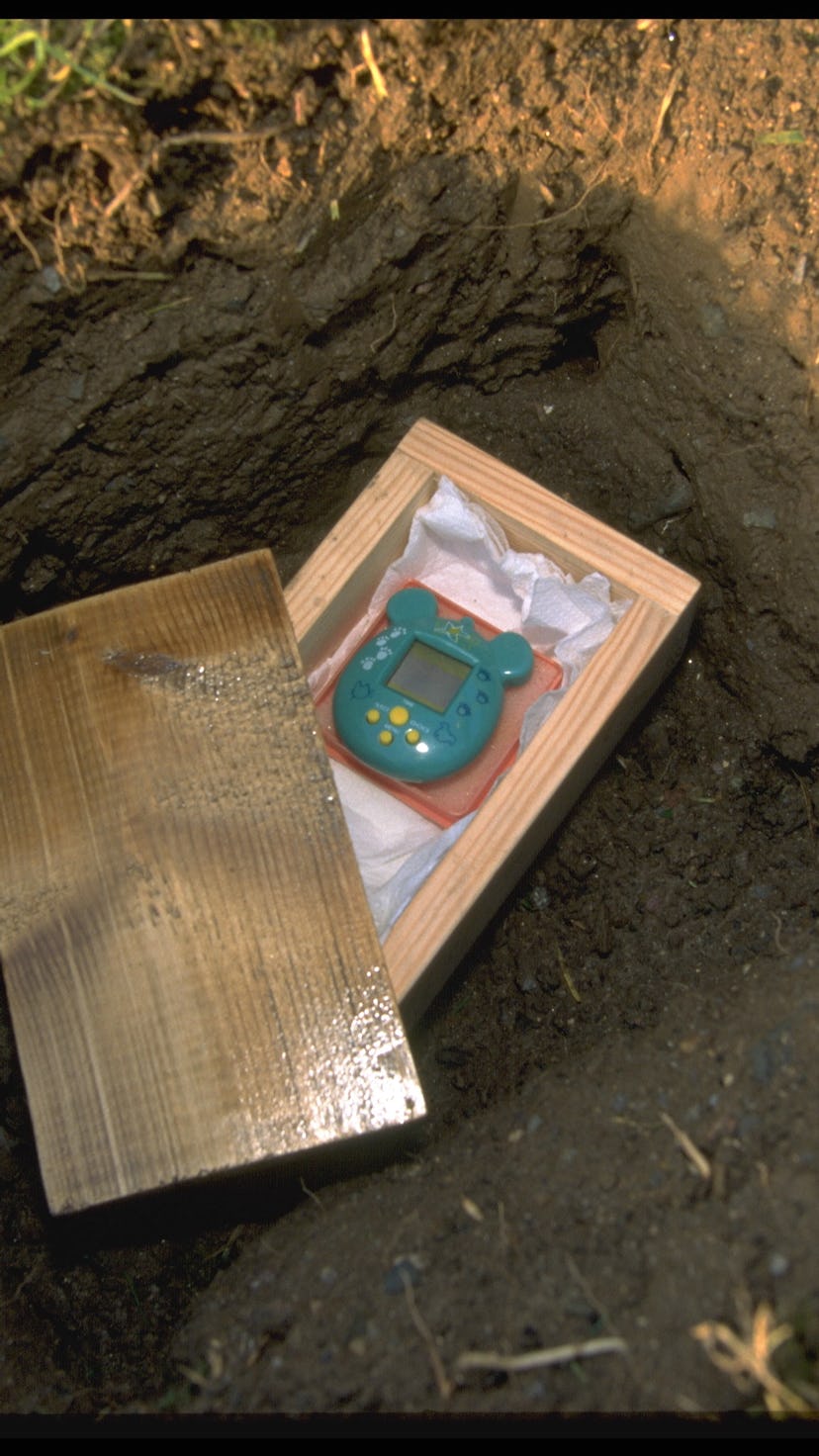 A Tamagotchi coffin in the Tamagotchi cemetery in Portsmil, Cornwall  (Photo by Mathieu Polak/Sygma ...