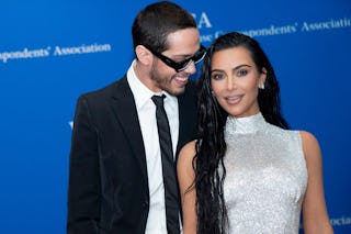 Pete Davidson and Kim Kardashian looked happy as they posed at the White House Correspondents Associ...