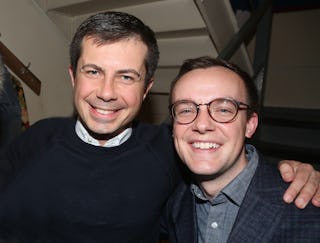 Pete Buttigieg and husband Chasten Buttigieg pose backstage at the hit play "The Inhertance" on Broa...