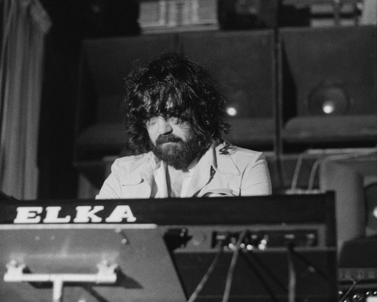 Greek composer of electronic music, Vangelis, sitting at an Italian, Elka synthesizer, 28th January ...