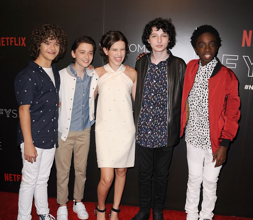 (L-R) Gaten Matarazzo, Noah Schnapp, Millie Bobby Brown, Finn Wolfhard and Caleb McLaughlin attend t...