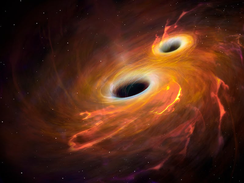 Illustration of two black holes orbiting each other in a combined accretion disc. Eventually the bla...
