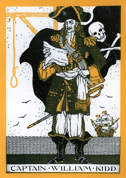 Portrait of Captain William Kidd, with a skull and crossbones pirate flag and a hangman's noose. Kid...
