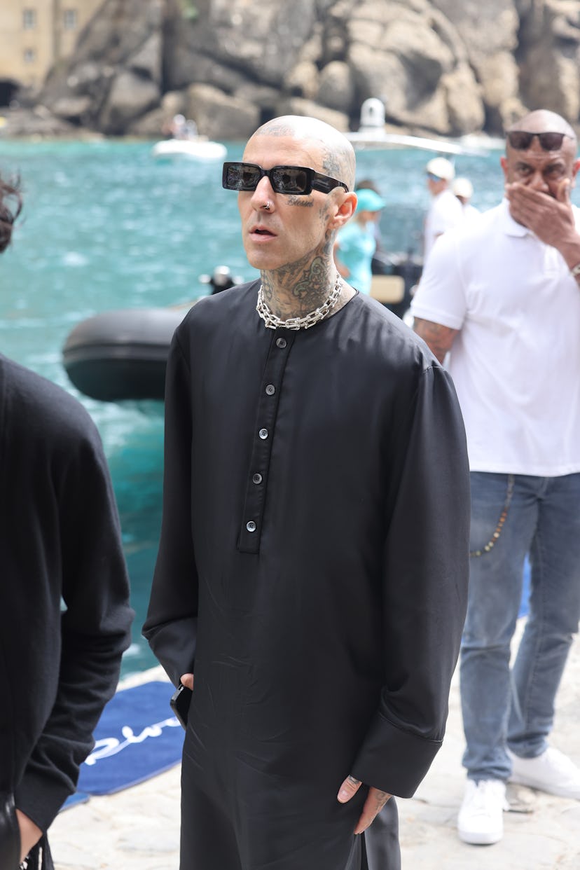 PORTOFINO, ITALY - MAY 21: Travis Barker arriving for lunch at the Abbey of San Fruttuoso on May 21,...