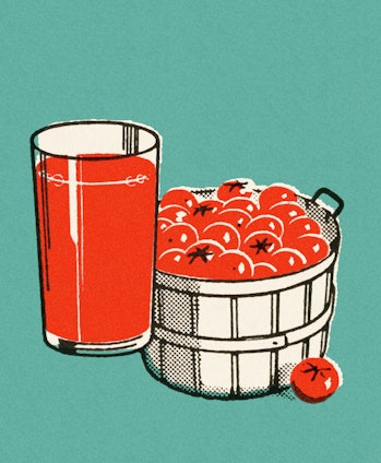 Bushel of Tomatos and Glass of Juice