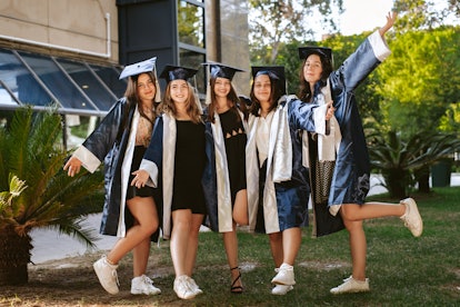 Friends pose for graduation photos that they'll want to post with high school graduation Instagram c...