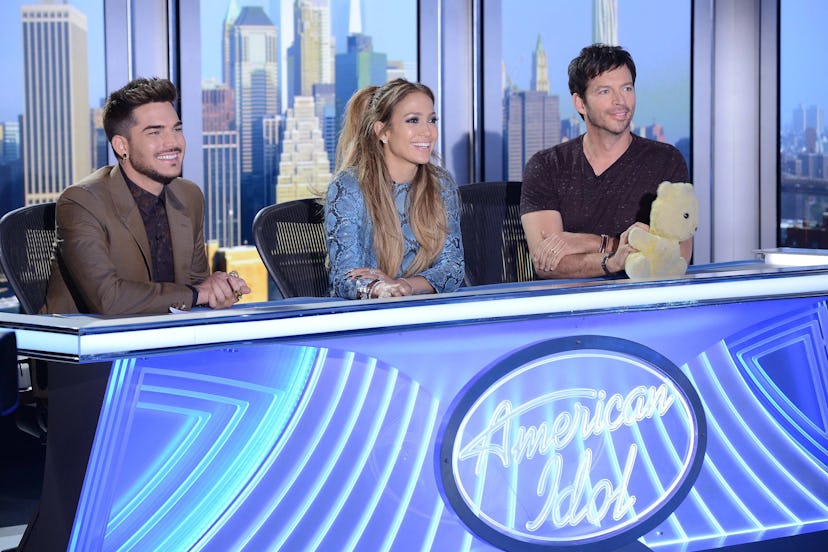 AMERICAN IDOL XIV: L-R: Adam Lambert (Guest Judge), Jennifer Lopez and  Harry Connick JR., on AMERIC...