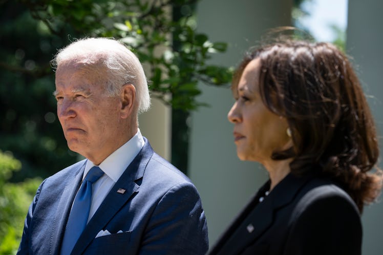 WASHINGTON, DC - MAY 9: U.S. President Joe Biden and Vice President Kamala Harris listen to speakers...