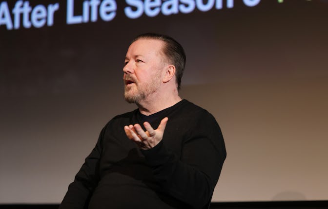LONDON, ENGLAND - JANUARY 06: Ricky Gervais speaks onstage at the Season 3 Premiere of Netflix's "A...