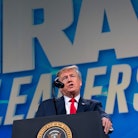 US President Donald Trump speaks during the National Rifle Association Annual Meeting on April 26, 2...