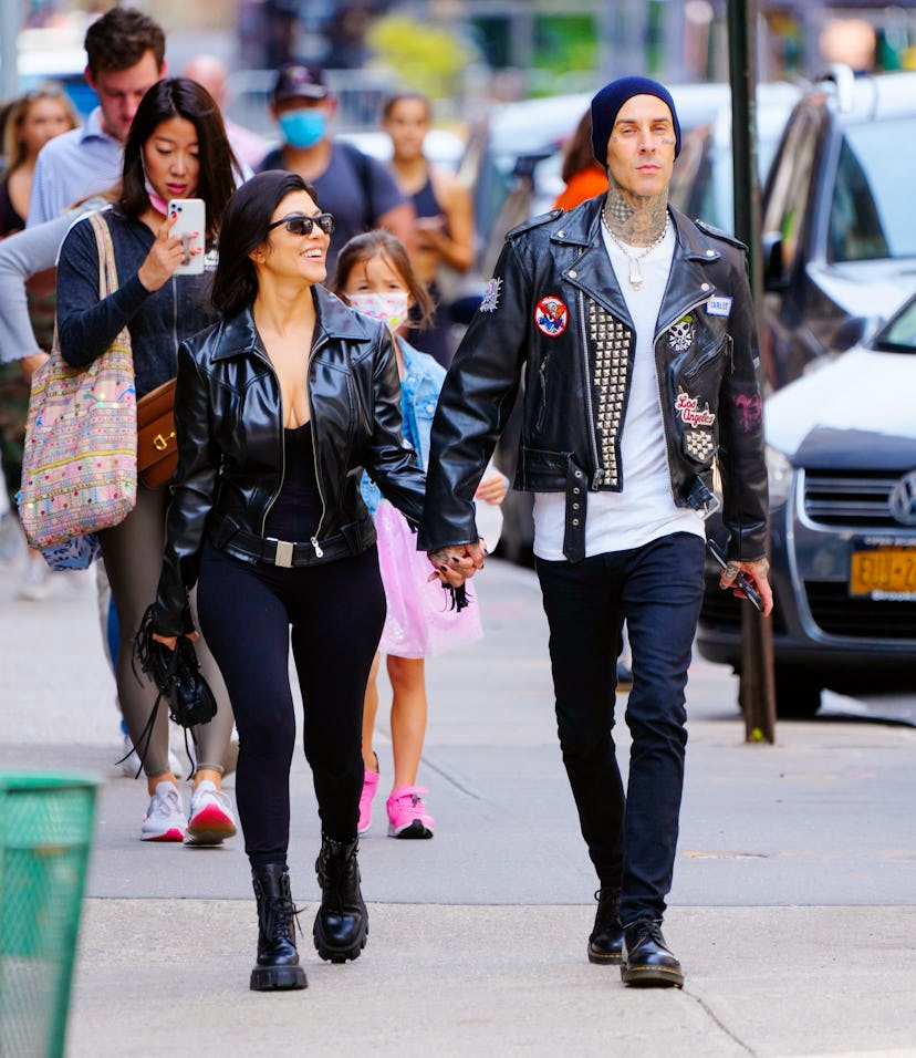 Kourtney Kardashian and Travis Barker are seen on October 16, 2021 in New York City. 