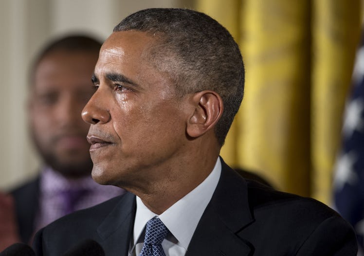 WASHINGTON, USA - JANUARY 5:  U.S. President Barack Obama gets tearful as he delivers remarks in the...