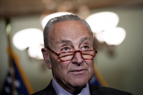 WASHINGTON, DC - MAY 18: Senate Majority Leader Chuck Schumer (D-NY) speaks to reporters following a...