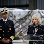U.S. Surgeon General Vivek Murthy (L) and First Lady Dr. Jill Biden (R) condemned gun violence and e...