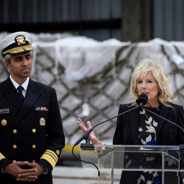 U.S. Surgeon General Vivek Murthy (L) and First Lady Dr. Jill Biden (R) condemned gun violence and e...