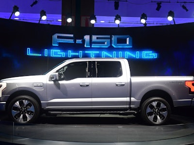 The all-electric F-150 Lightning from Ford is displayed at the Los Angeles Auto Show in Los Angeles,...
