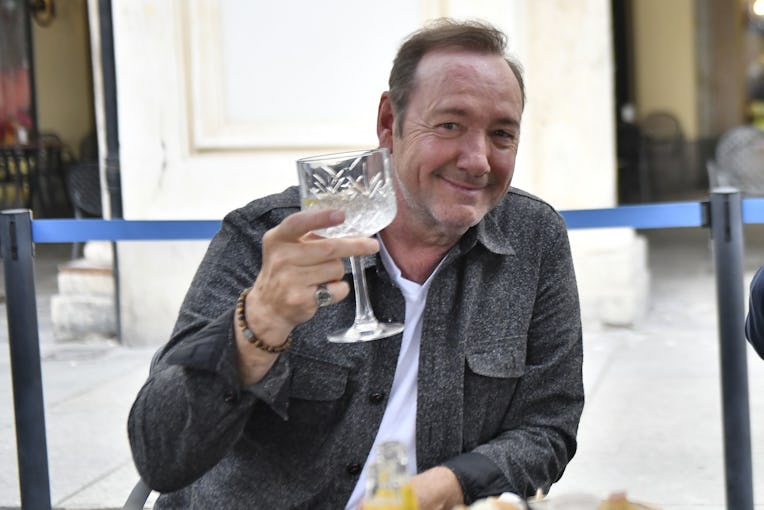 TURIN, ITALY JUNE, 01: Kevin Spacey drinks outside a cafe on June 1, 2021 in Turin, Italy. Kevin Spa...