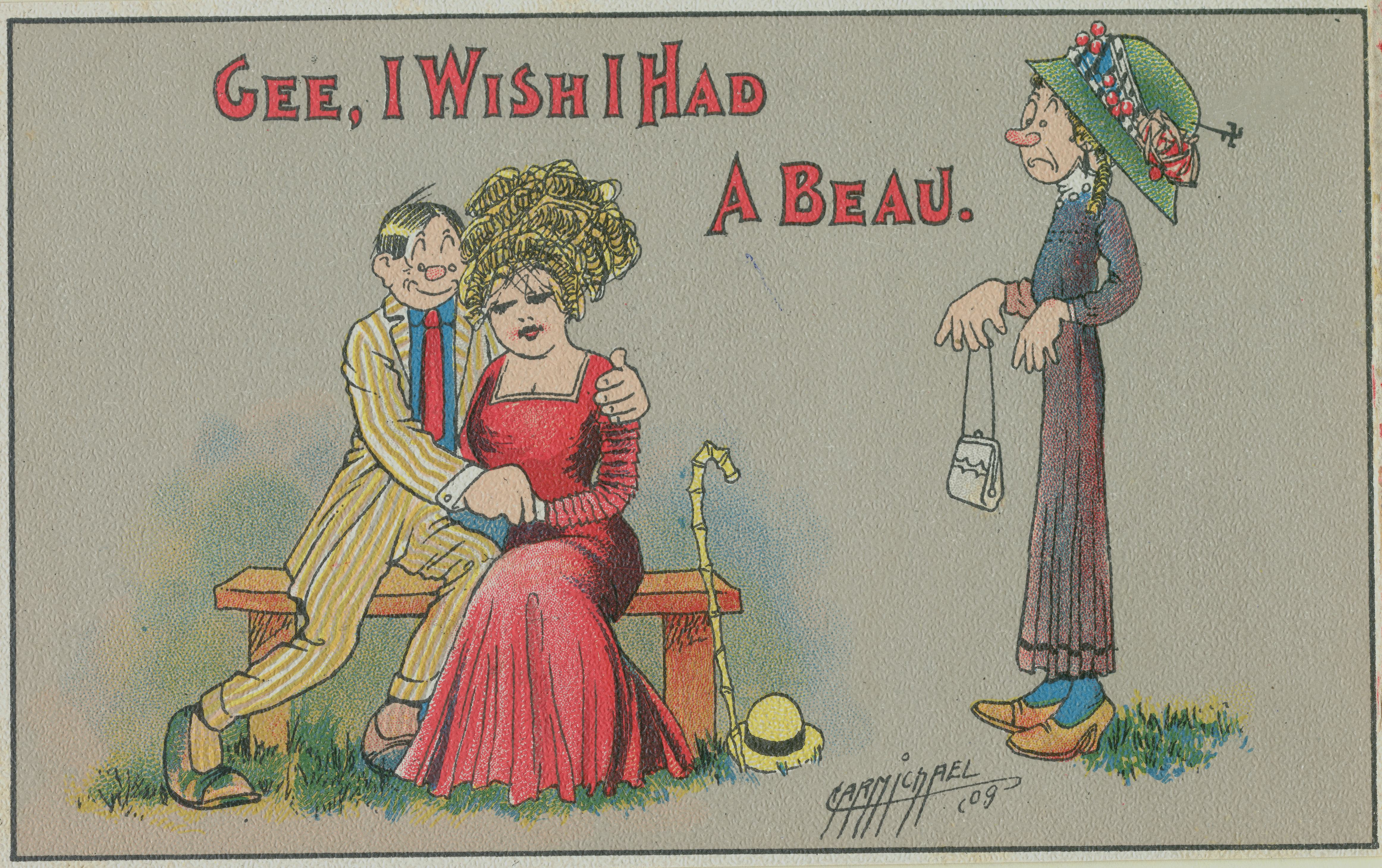 "GEE, I WISH I HAD A BEAU" CARTOON POSTCARD OF COUPLE SNUGGLING ON A BENCH WHILST BEING OBSERVED BY ...