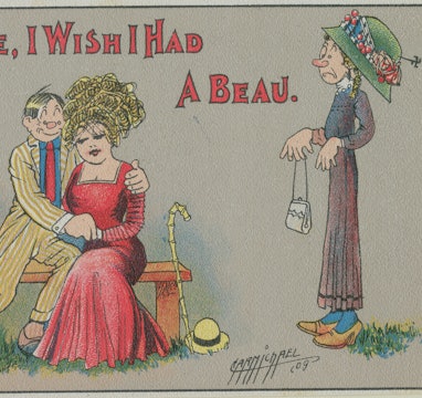 "GEE, I WISH I HAD A BEAU" CARTOON POSTCARD OF COUPLE SNUGGLING ON A BENCH WHILST BEING OBSERVED BY ...