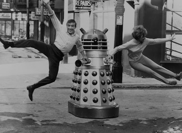 Roy Castle and Jennie Linden with a Dalek on the set of Dr Who at Shepperton Studios, London, 1965. ...