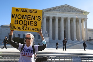 Pro-choice demonstrators protest outside of the US Supreme Court in Washington, DC, in 2021. Leaked ...