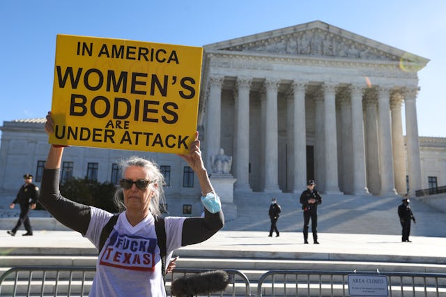 Pro-choice demonstrators protest outside of the US Supreme Court in Washington, DC, in 2021. Leaked ...