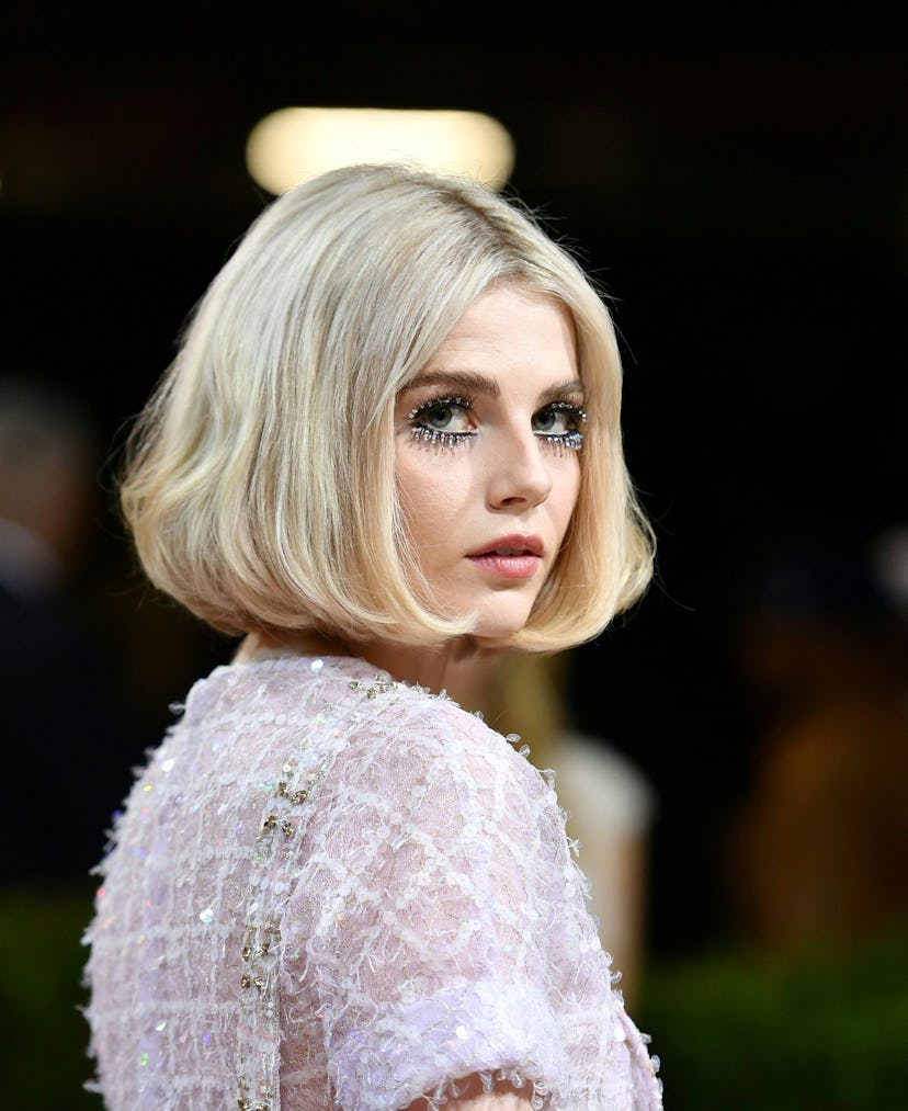 British actress Lucy Boynton arrives for the 2022 Met Gala at the Metropolitan Museum of Art on May ...