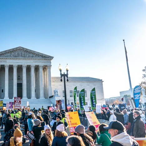 WASHINGTON, DC - DECEMBER 1, 2021: Antiabortion and abortion rights advocates protest outside the US...