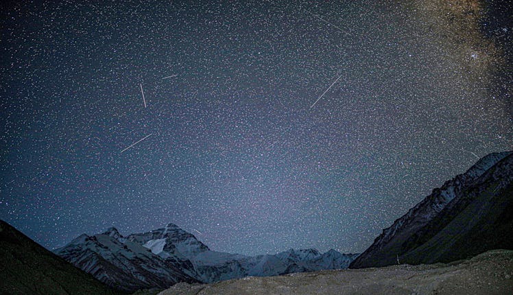 Photo taken on May 4, 2022 shows meteors above the Mount Qomolangma base camp. (Photo by Jiang Fan/X...