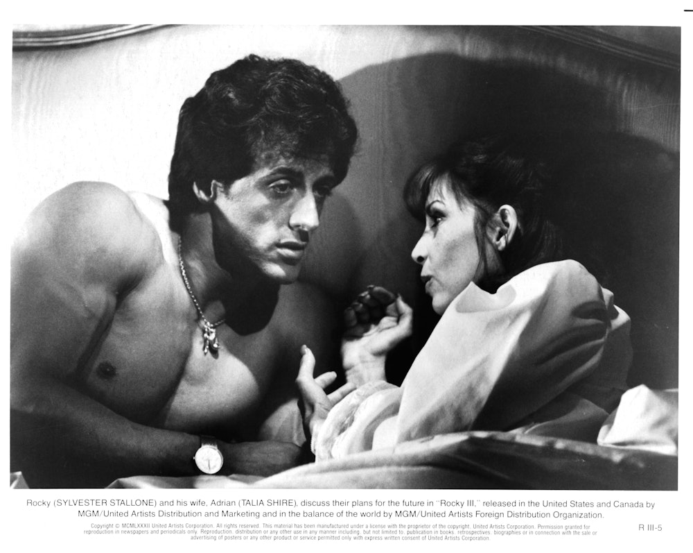 Actor Sylvester Stallone and actress Talia Shire on set of the MGM/United Artist movie "Rocky III" i...