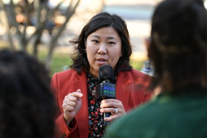 U.S. Rep. Grace Meng (D-NY) speaks during an event in 2021. Meng introduced the Menstrual Equity For...