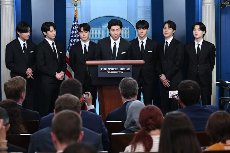 Korean band BTS appears at the daily press briefing in the Brady Press Briefing of the White House i...
