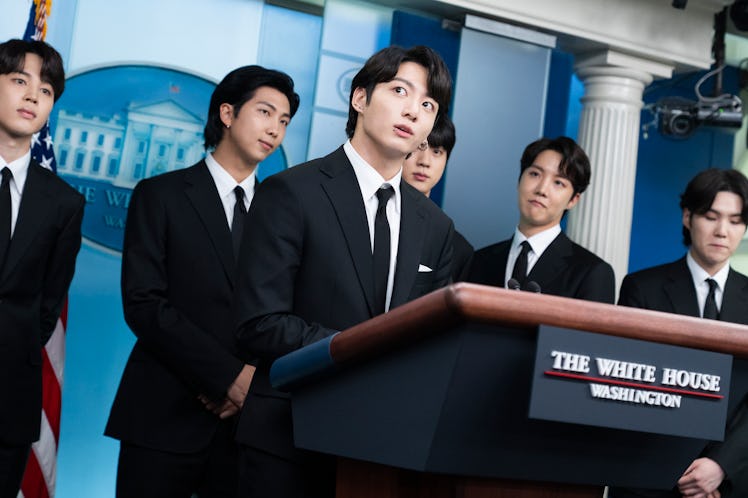 BTS, the K-pop band from South Korea, speaks at the White House press briefing before a meeting with...