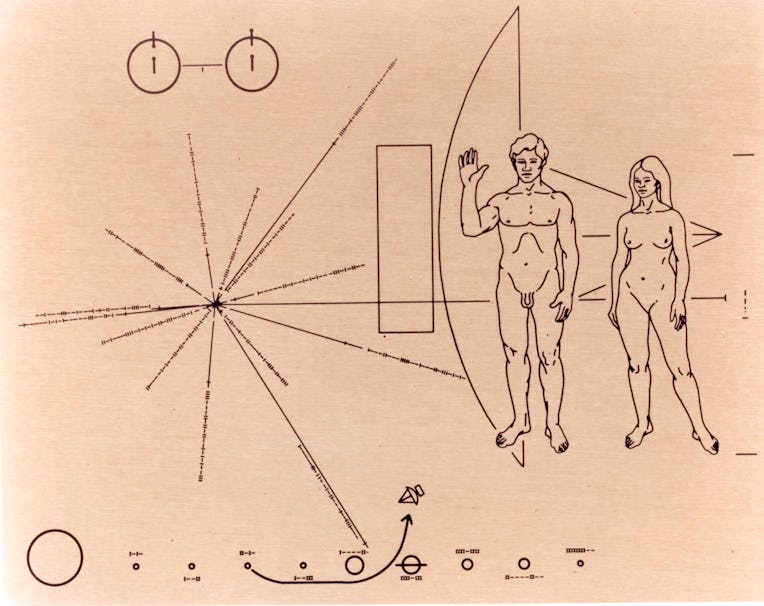 UNDATED: (FILE PHOTO) This NASA handout image shows the gold-anodized aluminum plaque that was atta...