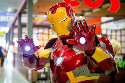 LONDON, ENGLAND - OCTOBER 28:  An Iron Man cosplayer during MCM London Comic Con 2017 held at the Ex...