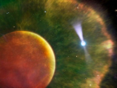 Illustration of the so-called Black Widow Pulsar. This is a pulsar (right), a rapidly rotating neutr...