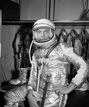 (20 April 1961) Close-up view of astronaut Alan B. Shepard Jr. in his pressure suit, with helmet ope...