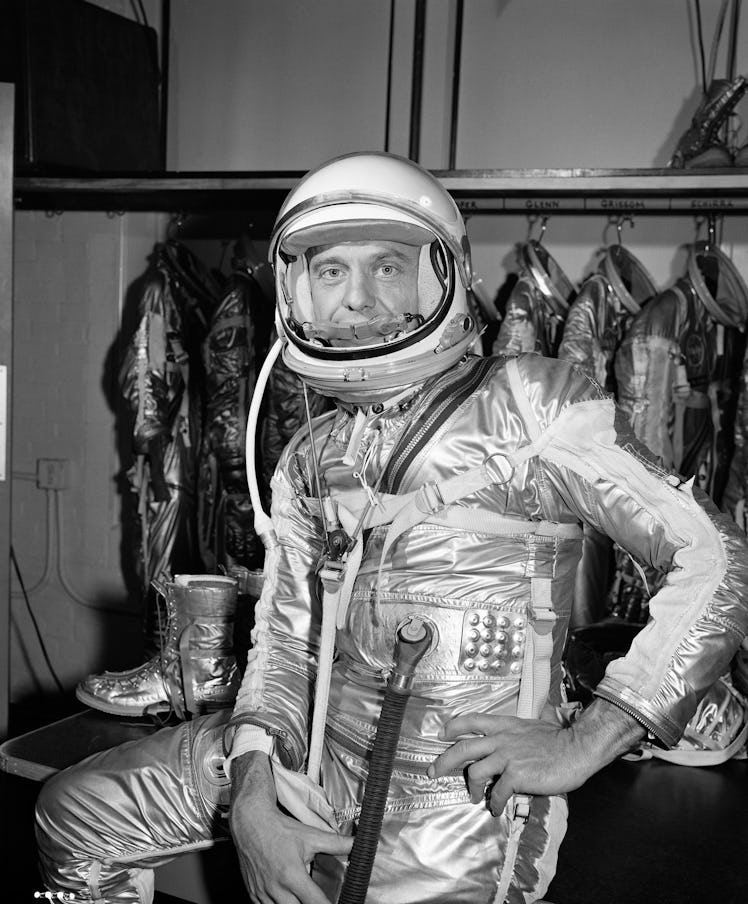 (20 April 1961) Close-up view of astronaut Alan B. Shepard Jr. in his pressure suit, with helmet ope...