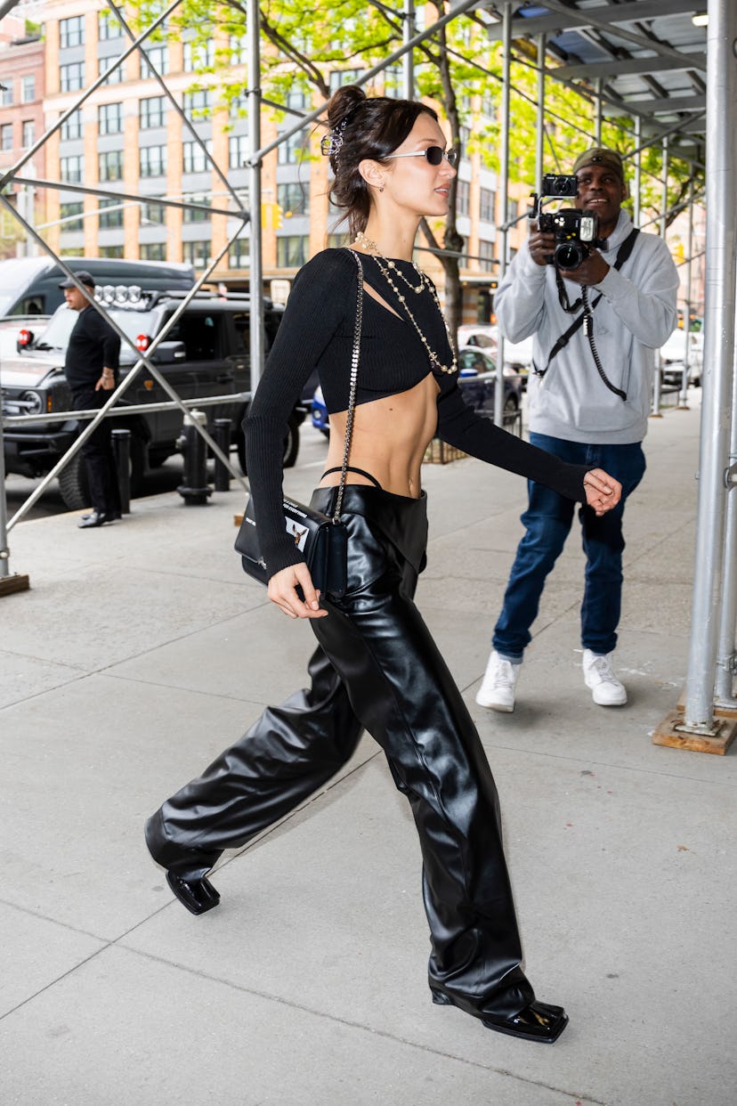 Bella Hadid Flaunts A G-String Thong In Low-Rise Leather Pants