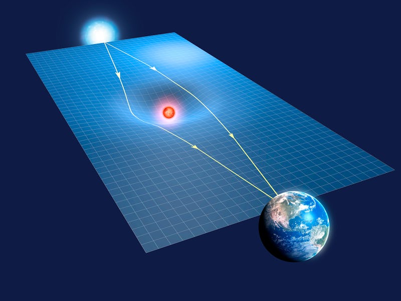 Gravitational lensing. Illustration showing how gravitational lensing can be used to view otherwise ...