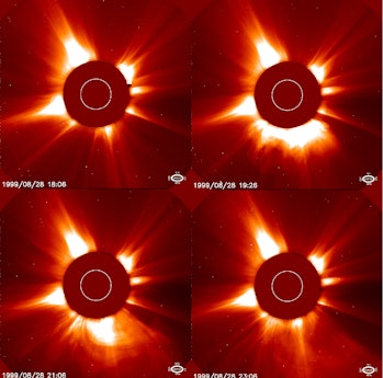 A four way combination photo showing a major solar flare as it erupted from a complex sunspot group ...