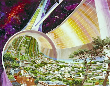 Futuristic rendering of human life off-earth by Rick Guidice, entitled Torus Wheel Settlement Interi...