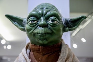 MADRID, SPAIN - APRIL 03: The figure of the Jedi master of the 'Star Wars' universe, Yoda, exhibited...
