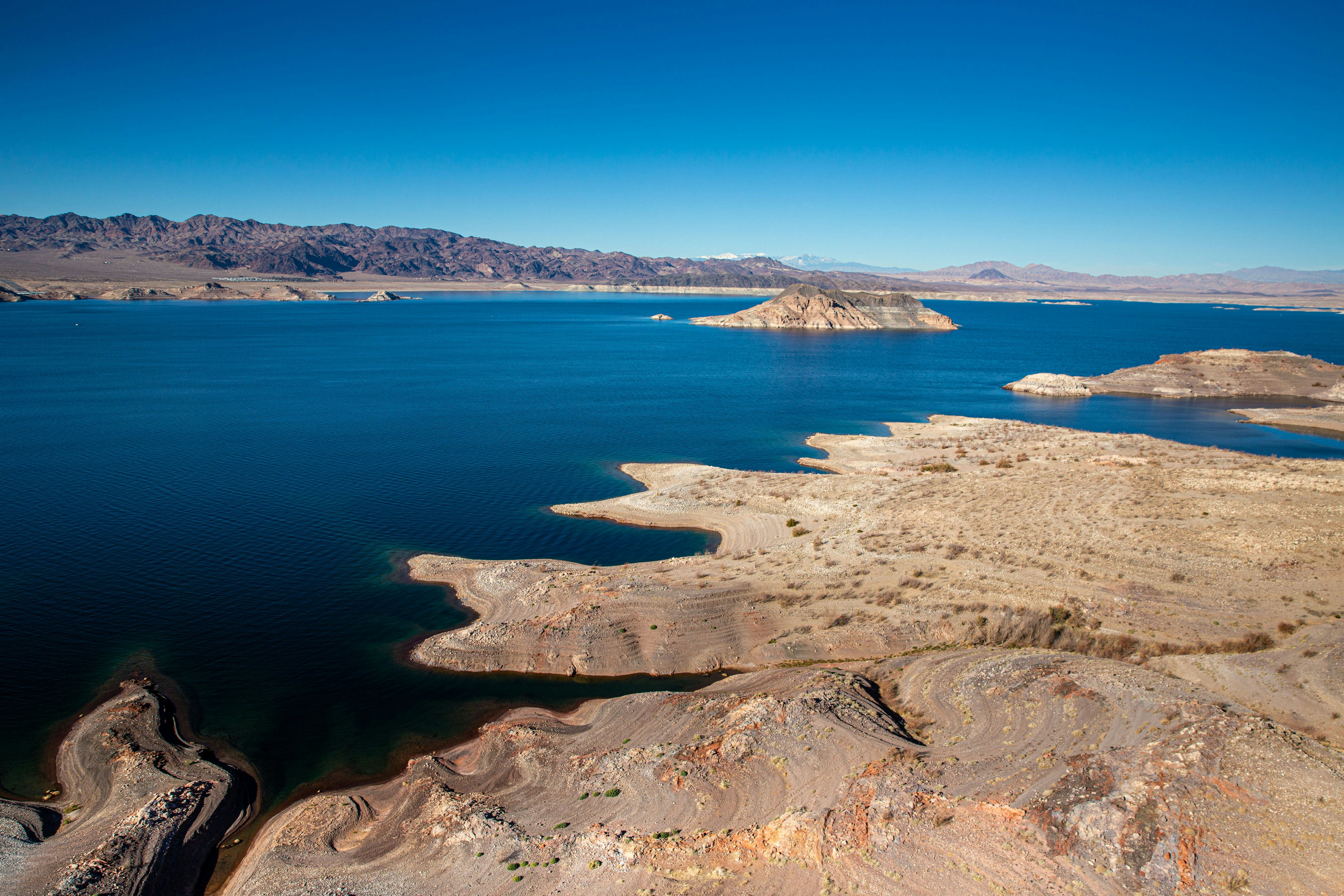 BOULDER CITY, NV - JANUARY 11: Aerial view  Lake Mead is a water reservoir formed by Hoover Dam on t...