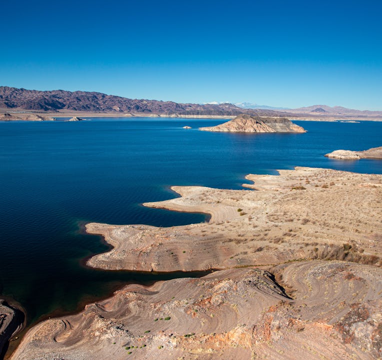 BOULDER CITY, NV - JANUARY 11: Aerial view Lake Mead is a water reservoir formed by Hoover Dam on t...