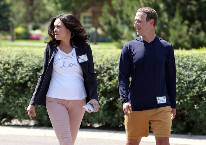 SUN VALLEY, IDAHO - JULY 08: CEO of Facebook Mark Zuckerberg walks with COO of Facebook Sheryl Sandb...