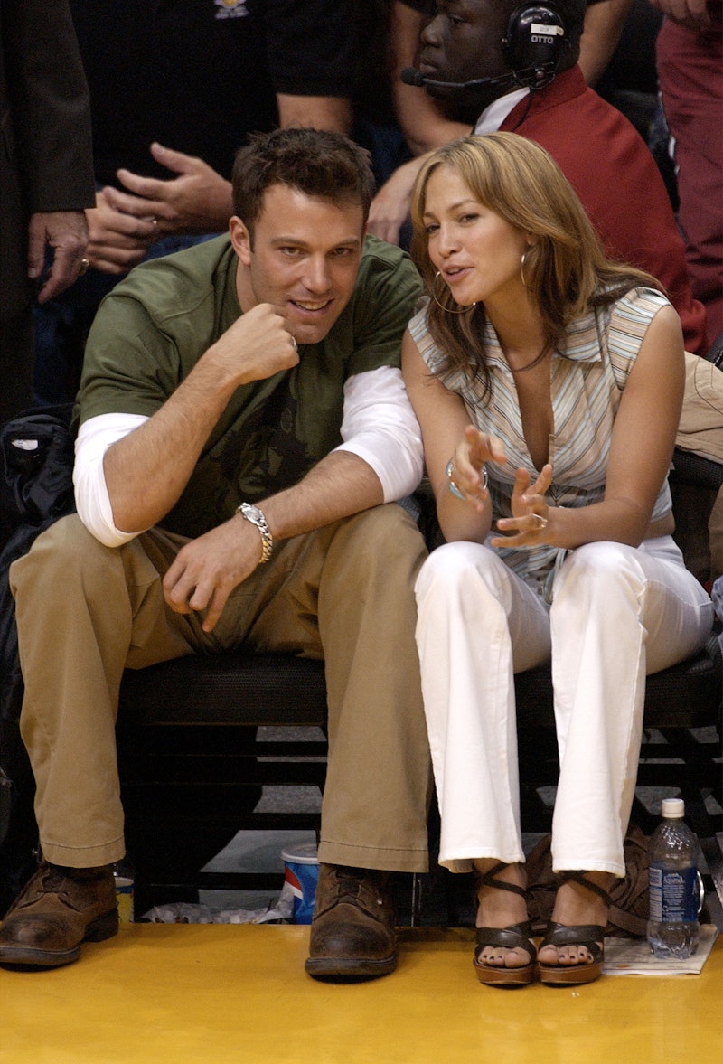 Ben Affleck (L) and his fiancé Jennifer Lopez attending the Los Angeles Lakers v. San Antonio Spurs ...